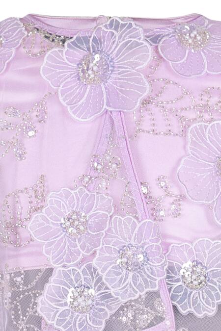 Rang By Les Petits_Purple Net Embroidery, Applique Bloom Patch Cape And Lehenga Set_Online_at_Aza_Fashions