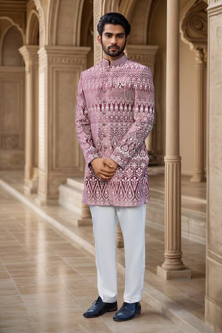 Arihant Rai Sinha_Cream Silk, Velvet Embroidery Floral Thread Sherwani Set _Online_at_Aza_Fashions