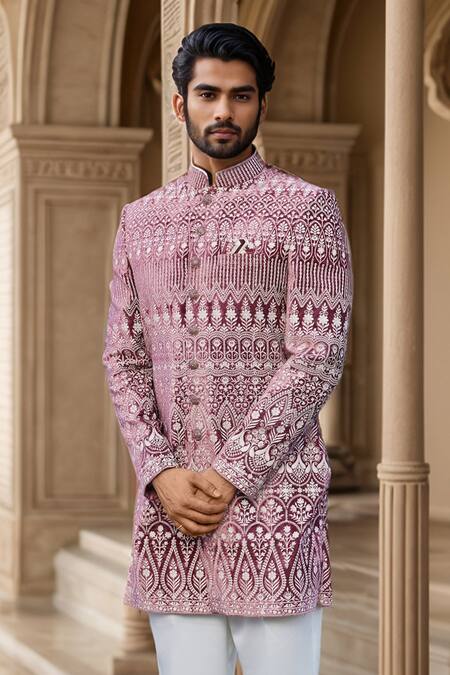 Buy_Arihant Rai Sinha_Cream Silk, Velvet Embroidery Floral Thread Sherwani Set _Online_at_Aza_Fashions