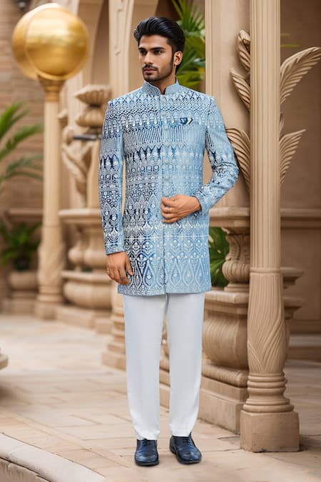 Shop Arihant Rai Sinha Cream Silk, Velvet Embroidery Floral Sherwani And Pant Set at Aza Fashions Shop_Arihant Rai Sinha_Cream Silk, Velvet Embroidery Floral Sherwani And Pant Set _at_Aza_Fashions