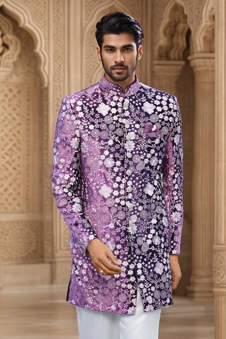 Arihant Rai Sinha_Cream Silk, Velvet Embroidery Floral Thread Sherwani And Pant _Online_at_Aza_Fashions
