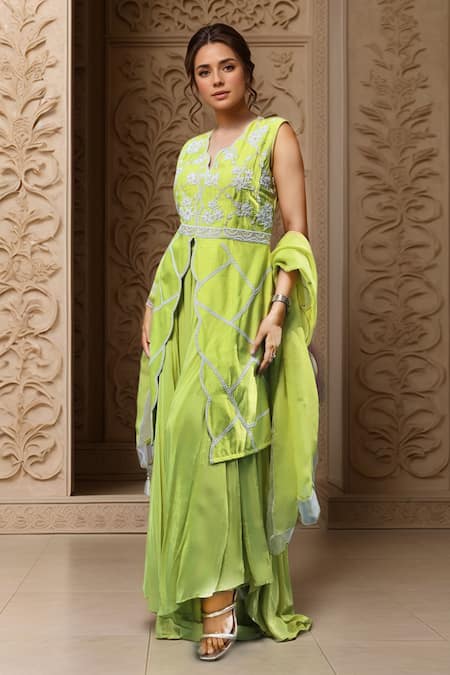 Buy_Samyukta Singhania_Green Organza, Denim, Crepe Bloom Embroidered Front Slit Kurta And Sharara Set _Online_at_Aza_Fashions