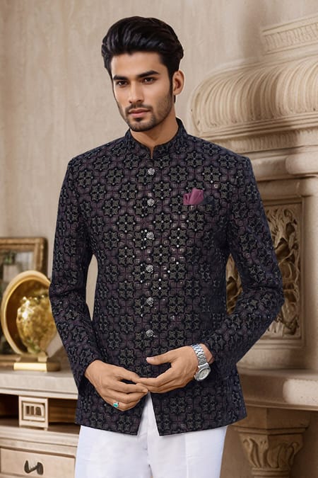 Arihant Rai Sinha_Black Velvet, Faux Leather Sequins, Embroidery Jodhpuri _Online_at_Aza_Fashions