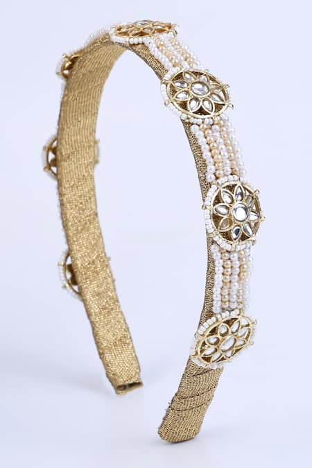 Choko Gold & Off White Pearl Crystal Hairband 