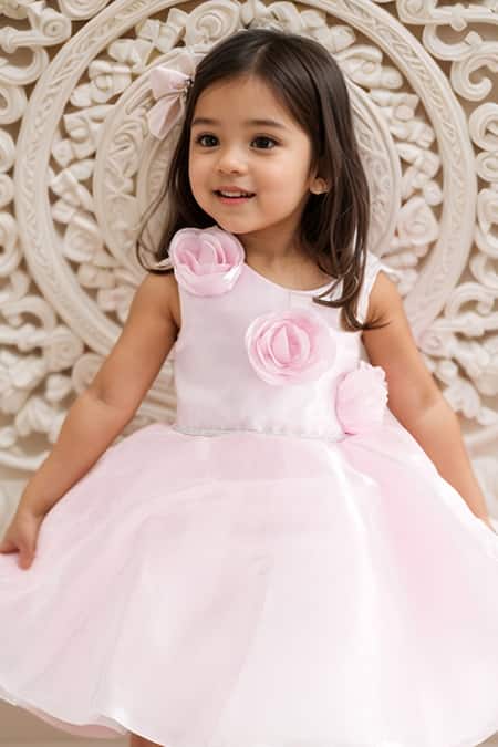 Petite Pomme Pink Cotton Fabric Flowers Floral Applique Frock Online at Aza Fashions Petite Pomme_Pink Cotton Fabric Flowers Floral Applique Frock _Online_at_Aza_Fashions