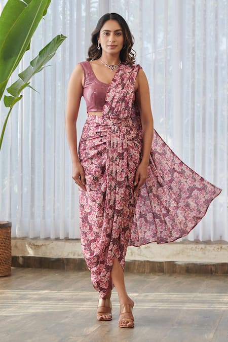 Buy Pasha India X AZA Burgundy Silk, Satin Sequins, Floral Embellished Pre-draped Dhoti Saree Buy_Pasha India X AZA_Burgundy Silk, Satin Sequins, Floral Embellished Pre-draped Dhoti Saree