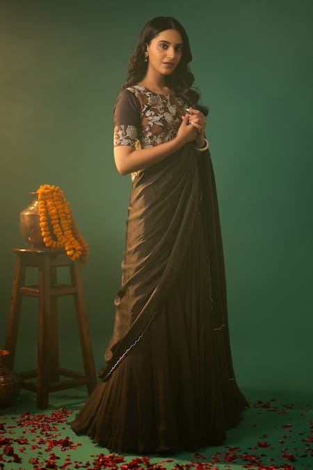 Neelu And Manvi Floral Applique Brown Lehenga Set 