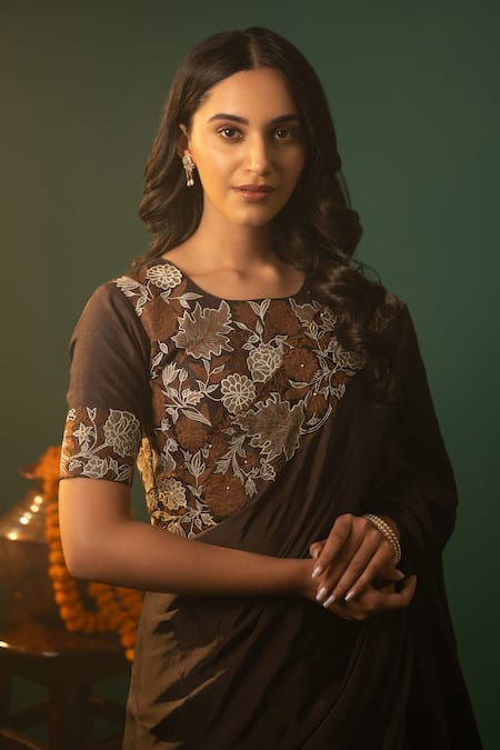 Neelu And Manvi_Brown Silk, Chiffon, Satin Embroidery Round Neck Floral Applique Lehenga Set _Online_at_Aza_Fashions