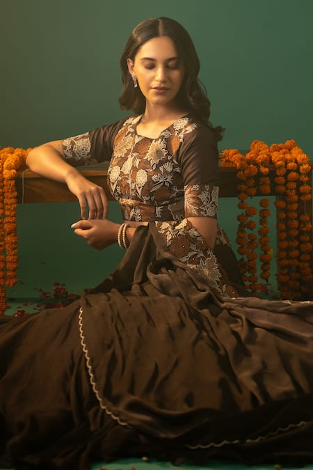 Shop_Neelu And Manvi_Brown Silk, Chiffon, Satin Embroidery Round Neck Floral Applique Lehenga Set _Online_at_Aza_Fashions