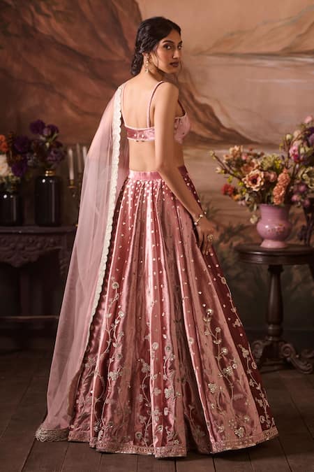 Shop Lashkaraa Pink Net, Velvet Sequins, Zari Sweetheart Bloom Garden Embroidered Lehenga Set at Aza Fashions Shop_Lashkaraa_Pink Net, Velvet Sequins, Zari Sweetheart Bloom Garden Embroidered Lehenga Set_at_Aza_Fashions