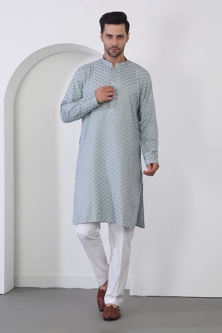 Buy_Aham-Vayam_Blue Cotton Embroidery Mint Thread Kurta Set_Online_at_Aza_Fashions