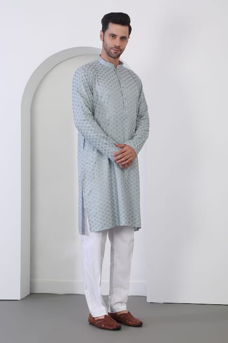 Shop_Aham-Vayam_Blue Cotton Embroidery Mint Thread Kurta Set_Online_at_Aza_Fashions