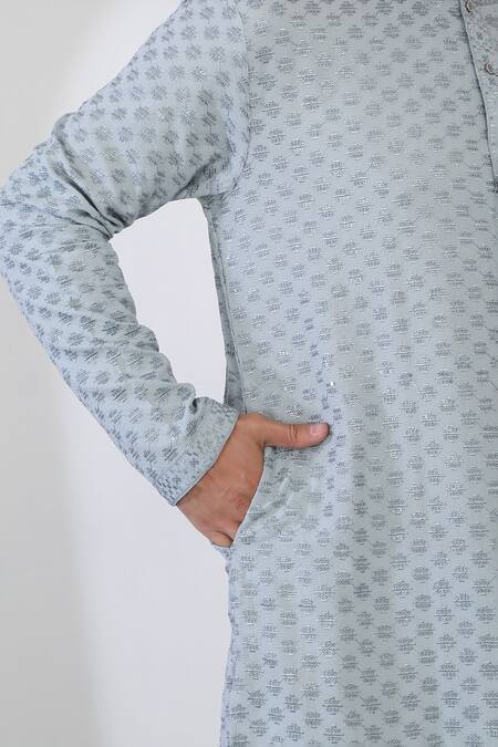 Aham-Vayam_Blue Cotton Embroidery Mint Thread Kurta Set_at_Aza_Fashions