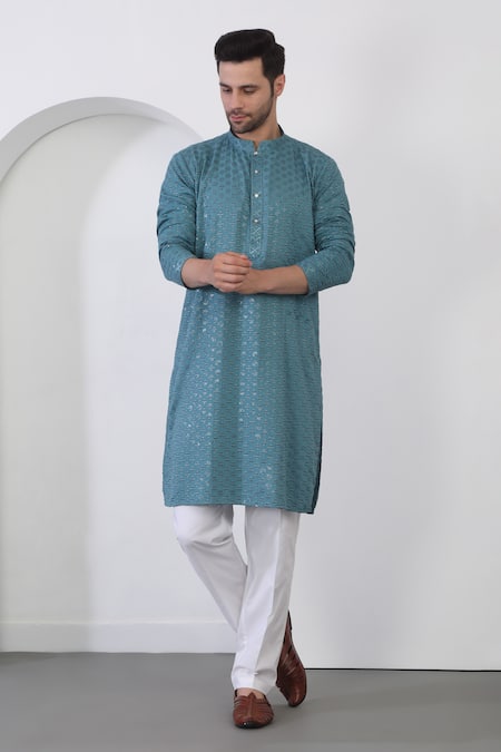 Aham-Vayam Teal Blue Checkered Embroidered Kurta Set 