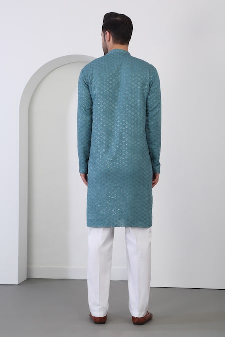 Aham-Vayam Teal Blue Checkered Embroidered Kurta Set 