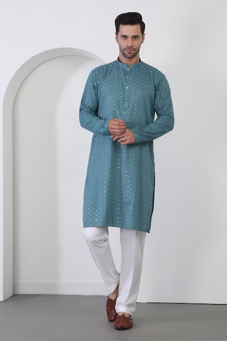 Buy_Aham-Vayam_Blue Cotton Sequins, Embroidery Teal Checkered Kurta Set _Online_at_Aza_Fashions