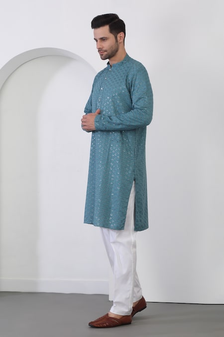 Shop_Aham-Vayam_Blue Cotton Sequins, Embroidery Teal Checkered Kurta Set _Online_at_Aza_Fashions