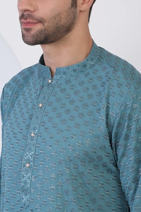 Buy_Aham-Vayam_Blue Cotton Sequins, Embroidery Teal Checkered Kurta Set 
