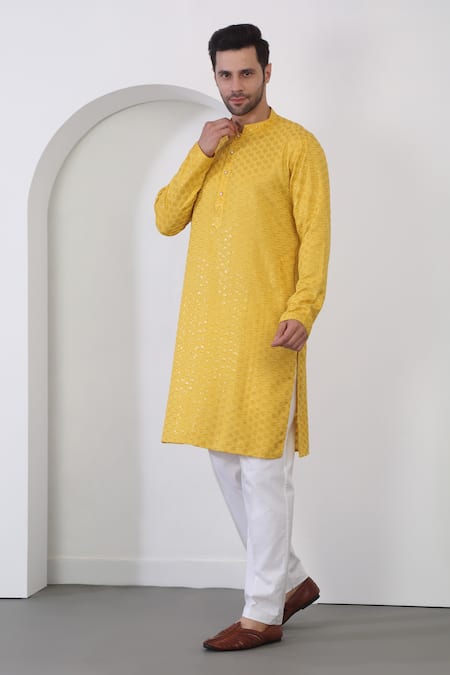 Shop_Aham-Vayam_Yellow Cotton Sequins Checkered Embroidered Kurta Set _Online_at_Aza_Fashions