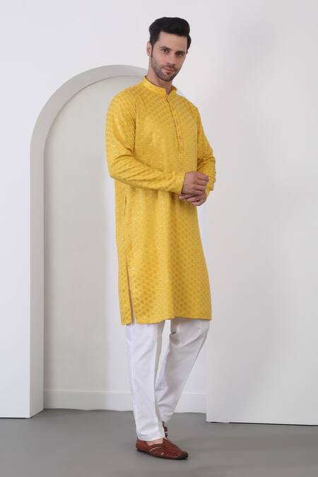 Aham-Vayam_Yellow Cotton Sequins Checkered Embroidered Kurta Set _at_Aza_Fashions