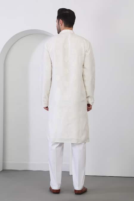 Shop_Aham-Vayam_Ivory Cotton, Silk Embroidery Flower Kurta Set _at_Aza_Fashions