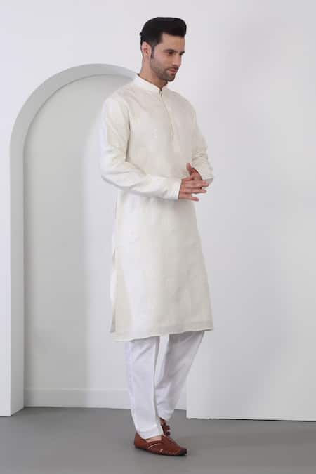 Shop_Aham-Vayam_Ivory Cotton, Silk Embroidery Flower Kurta Set _Online_at_Aza_Fashions