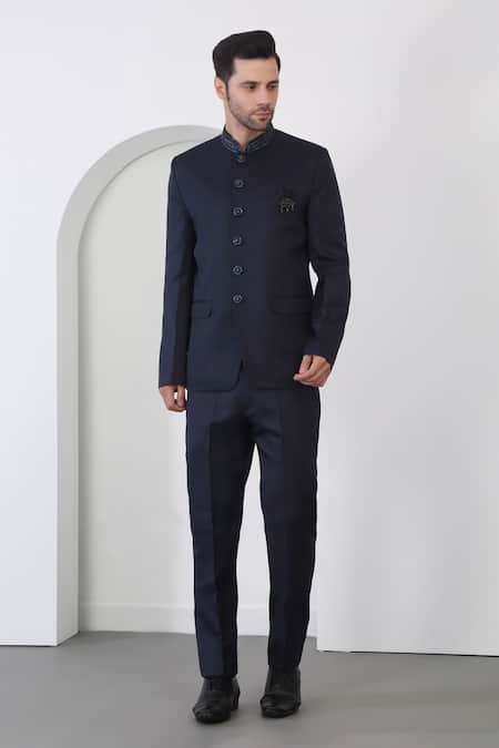 Buy_Aham-Vayam_Blue Cotton Cutdana Embroidered Bandhgala Set _Online_at_Aza_Fashions