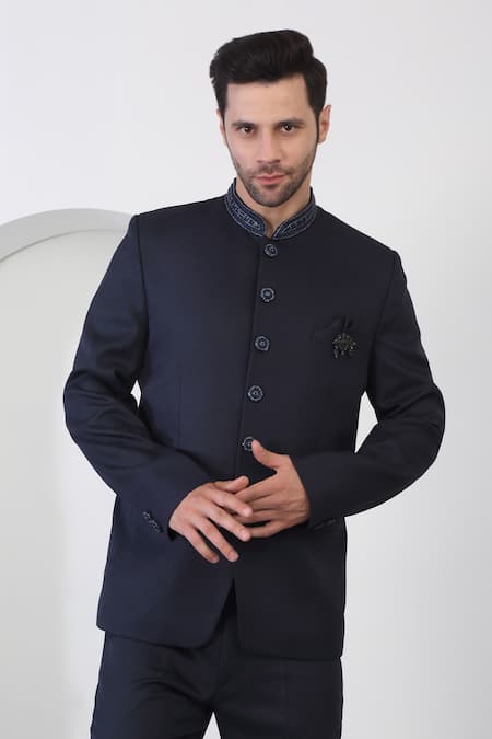 Buy_Aham-Vayam_Blue Cotton Cutdana Embroidered Bandhgala Set 