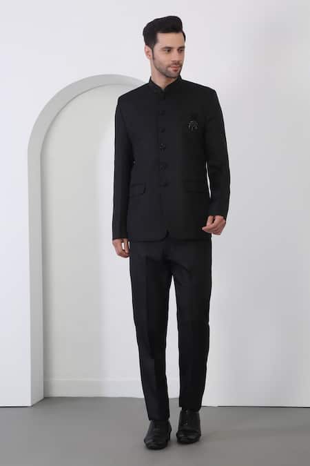 Buy_Aham-Vayam_Black Polyester, Cotton Embroidery Cutdana Bandhgala Set _Online_at_Aza_Fashions