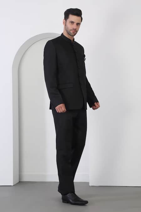 Aham-Vayam_Black Polyester, Cotton Embroidery Cutdana Bandhgala Set _at_Aza_Fashions