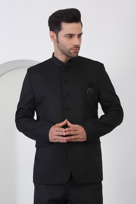 Buy_Aham-Vayam_Black Polyester, Cotton Embroidery Cutdana Bandhgala Set 