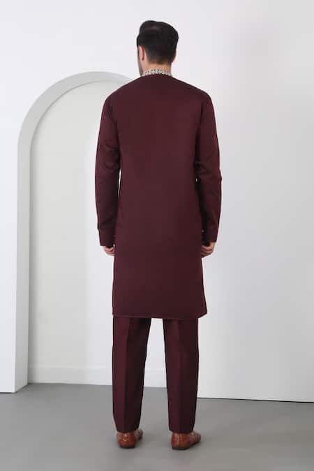 Shop_Aham-Vayam_Maroon Cotton Embroidery Thread Kurta Set _at_Aza_Fashions