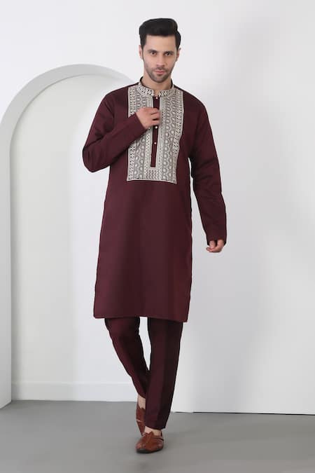 Aham-Vayam_Maroon Cotton Embroidery Thread Kurta Set _Online_at_Aza_Fashions