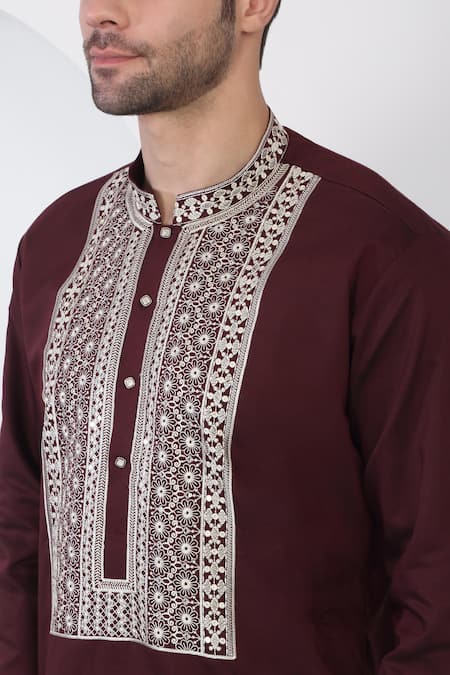 Buy_Aham-Vayam_Maroon Cotton Embroidery Thread Kurta Set _Online_at_Aza_Fashions