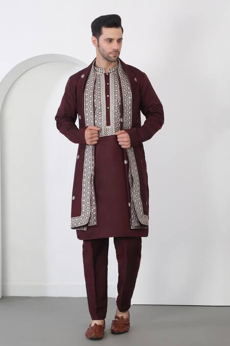 Shop_Aham-Vayam_Maroon Cotton Embroidery Thread Kurta Set _Online_at_Aza_Fashions