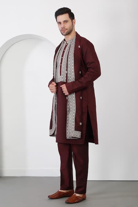 Aham-Vayam_Maroon Cotton Embroidery Thread Kurta Set _at_Aza_Fashions