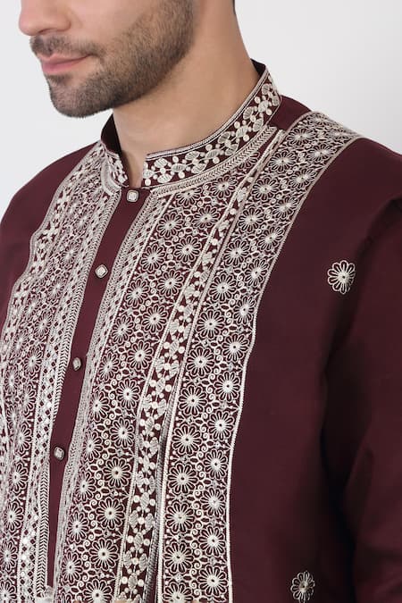 Shop Aham-Vayam Maroon Cotton Embroidery Thread Kurta Set Shop_Aham-Vayam_Maroon Cotton Embroidery Thread Kurta Set