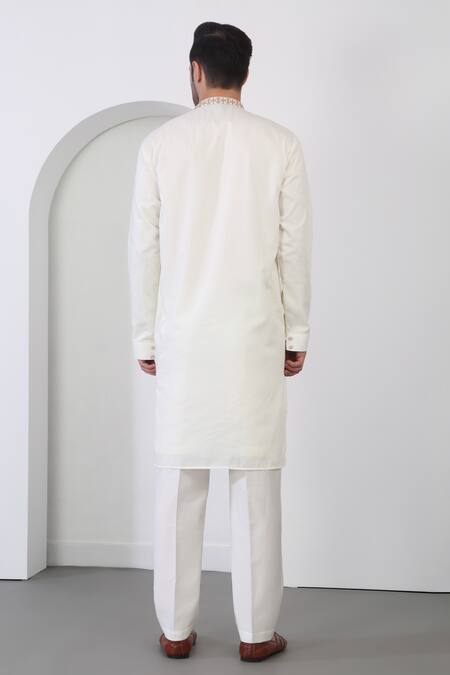 Shop_Aham-Vayam_Off White Cotton Embroidery Flower Kurta Pant Set _at_Aza_Fashions