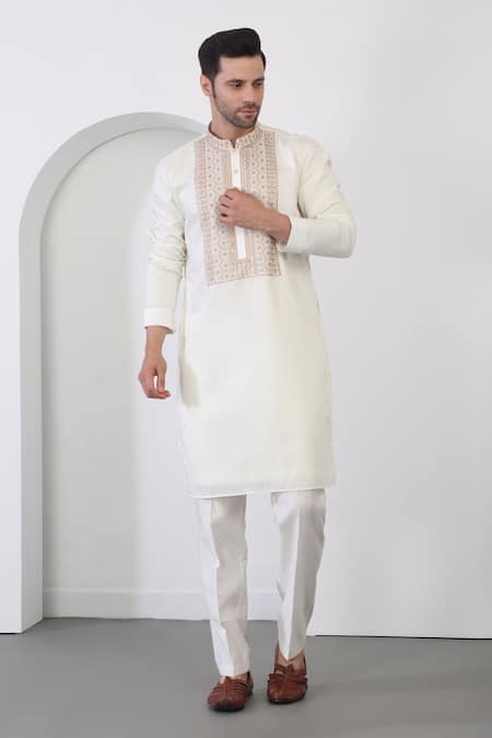 Buy_Aham-Vayam_Off White Cotton Embroidery Flower Kurta Pant Set _Online_at_Aza_Fashions