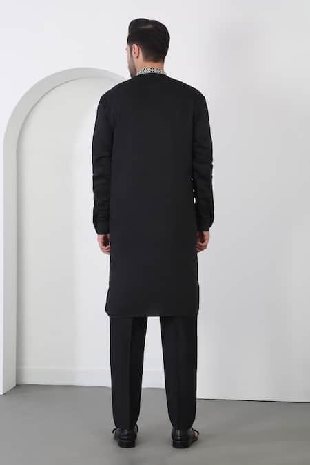 Shop_Aham-Vayam_Black Cotton Embroidery Harsh Vine Kurta Set _at_Aza_Fashions