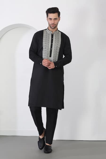 Aham-Vayam_Black Cotton Embroidery Harsh Vine Kurta Set _Online_at_Aza_Fashions