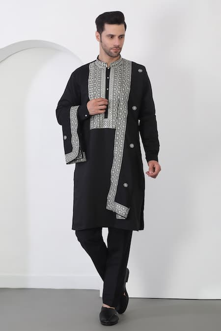 Shop_Aham-Vayam_Black Cotton Embroidery Harsh Vine Kurta Set _Online_at_Aza_Fashions