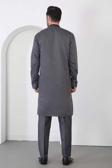 Shop_Aham-Vayam_Gray Cotton Sequins, Embroidery Grey Flower Vine Kurta Set _at_Aza_Fashions