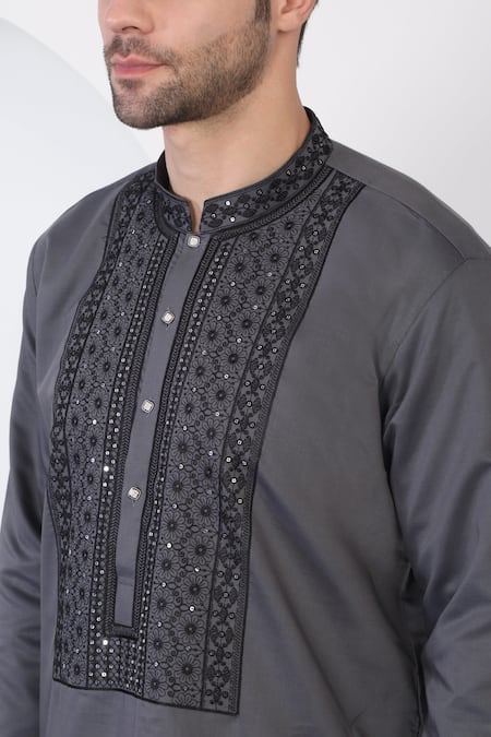 Aham-Vayam_Gray Cotton Sequins, Embroidery Grey Flower Vine Kurta Set _Online_at_Aza_Fashions
