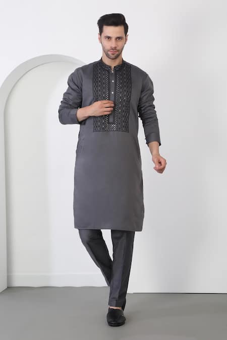 Buy_Aham-Vayam_Gray Cotton Sequins, Embroidery Grey Flower Vine Kurta Set _Online_at_Aza_Fashions