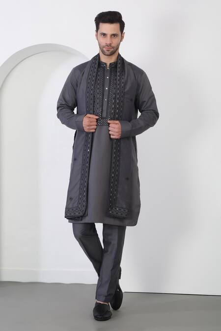 Shop_Aham-Vayam_Gray Cotton Sequins, Embroidery Grey Flower Vine Kurta Set _Online_at_Aza_Fashions