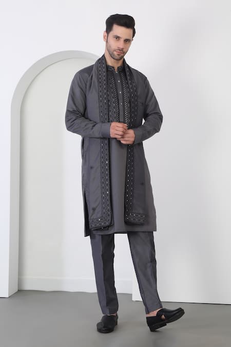 Aham-Vayam_Gray Cotton Sequins, Embroidery Grey Flower Vine Kurta Set _at_Aza_Fashions