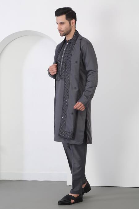 Shop_Aham-Vayam_Gray Cotton Sequins, Embroidery Grey Flower Vine Kurta Set 