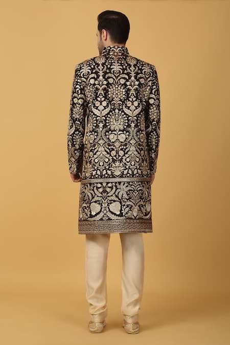 Aham-Vayam Black Zari Floral Embroidered Sherwani Set 