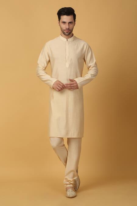 Buy_Aham-Vayam_Cream Cotton, Silk Zari Black Floral Embroidered Sherwani Set _Online_at_Aza_Fashions